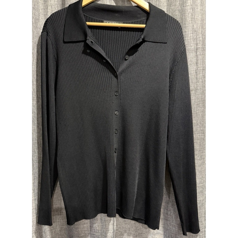 Lauren Ralph Lauren Black Label Rib Knit Cardigan Sweater Shirt Black Womans M